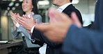 Asian people, hands and seminar with applause for presentation, meeting or congratulations at office conference. Excited, group or business employees clapping for good job or team success in Japan