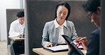 Japanese, corporate and people with documents in office for finance report, planning budget and investment. Staff, reading and tablet with paperwork for financial schedule, review contract and Japan