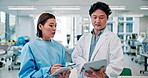 Mentor, science and research with Japanese people in laboratory for vaccine trial, teamwork and healthcare. Medical study, virus test and digital report with man and woman in clinic for biotechnology