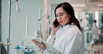 Woman, doctor and phone call with checklist, thinking and listen with paperwork at hospital. Japanese person, medic and smartphone with contact, reading or clipboard for healthcare report at clinic