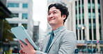 Business man, tablet and vision in city for communication, networking and research with building. Real estate, tech and happy outdoor for corporate, property investment and location search in Japan