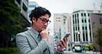 Japanese, businessman and thinking with smartphone in city, market research and property check for realtor. Urban, male person and real estate agent with digital for online listing or site assessment