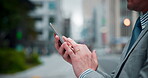 Japanese, businessman and digital with tablet in city, market research and information with scroll. Urban, male person and real estate agent with reading for property listing, application and online