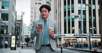 Japanese, businessman and digital with tablet in city, market research and information with scroll. Urban, male person and real estate agent with reading for property listing, application and online