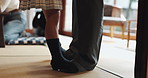 Feet, girl and dad dancing in home with care, love and bonding together with Japanese family. Fun, father and daughter on floor in apartment with support, growth and child development for kid dancer