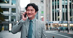 Japanese, businessman and chat with phone call for walking, travel journey and commute in city. Urban, male person and realtor with mobile for networking, talking or conversation with client in Tokyo