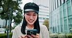 Japanese, woman and happy with mobile in city, scroll and browsing on application for direction. Urban, female person and smile with smartphone for online map, typing location and travel in Tokyo