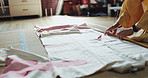 Japan, fashion and woman with kimono, measurement and checking fabric pattern on floor in home. Yukata, seamstress and girl on tatami mat with Asian culture, traditional clothes and textile design 