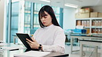 Science, notes and Japanese woman with tablet, thinking or studying at medical college for education. Lab, class and university student on digital app for writing test, exam or online research ideas