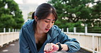 Woman, watch and tired runner in city, check stats and outdoor for sports workout or cardio. Female person, monitor time and exhausted athlete in Japan, fitness tracker and training exercise info