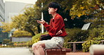 Japanese, tired and man on bench, smartphone and internet with social media, texting and waiting. Asian person, outdoor and guy with cellphone, mobile user and message to contact, connection or late