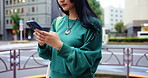 Sidewalk, woman and outdoor with texting o smartphone in city for social media and post in Japan. Female person, gen z and message notification on app for communication, networking and connection