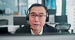 Asian man, agent or call center with headphones for telemarketing or customer service at office. Portrait, businessman or japanese broker of consultant talking or POV for financial advice or help