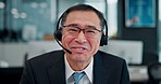 Face, man and laughing with headset at call centre of customer service, telemarketing advice and feedback. Mature agent, mic and faq solution of technical support, guide chat and funny joke in Japan 