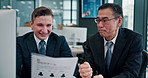Paperwork, discussion and business men in office with company finance report for capital gain. Meeting, manager and financial advisors with proposal for revenue, profit and equity statement in Japan.