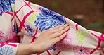 Woman, japanese and hands with fabric for kimono, fashion tradition or colorful pattern. Closeup, female person or sleeve with style, material or japan clothing for culture, dress or asian heritage
