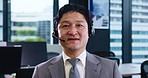 Asian man, consultant or call center with headphones for telemarketing, customer service or POV at office. Portrait, japanese or agent with headset for telecommunications, online advice or assistance