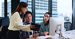 Tablet, meeting and Asian business people on computer with assistant for project, feedback and report. Professional, office and men and women on digital tech for teamwork, collaboration or discussion