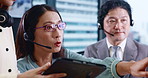Asian woman, call center and tablet with team for online consulting, telemarketing or customer service at office. Japanese, female person and consultants with headphones for telecommunications agency