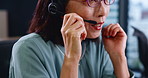 Asian woman, consultant and mic with headphones at call center for customer service or support at office. Japanese, female person or agent talking with headset for online advice or telemarketing