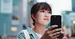 Japan, travel and city girl with smartphone, smile and connection with email notification. Asian woman, outdoor and person with cellphone, message and urban town with online reading and digital app