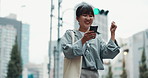 Japan, celebration and city girl with smartphone, smile and connection with email notification. Asian woman, outdoor and person with cellphone, travel and urban town with online reading and excited