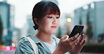 Japan, night and city girl with smartphone, typing and connection with email notification. Asian woman, outdoor and person with cellphone, travel and urban town with online reading and communication