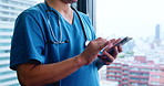 Doctor, hands and phone in hospital for healthcare, medical research or connection for telehealth. Person, nurse or mobile in Japanese clinic for planning, patient schedule or cardiology FAQ platform