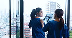 Doctors, team and xray on window for healthcare, patient results and feedback in Japanese hospital. Women, radiology experts and radiograph in clinic for spinal care, osteoporosis and arthritis