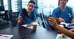 Doctor, team and meeting with xray in hospital for patient results, healthcare assessment or planning surgery. Medical collaboration, people or anatomy of diagnosis and injury scan in japanese clinic