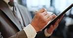 Hands, businessman and tablet with pen for scrolling app in office for communication or networking. Male person, technology and connection for online, website and pr in corporate as community manager
