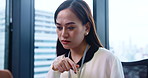 Japanese, business woman and reading with documents, contract or proposal in corporate office. Female person, technology and online for research, accounting and audit in finance agency for tax review