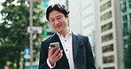 Business man, smartphone and surprise in city, thinking and reading for negotiation, deal or texting on web. Person, phone and wow with mobile app, notification and networking on urban road in Japan