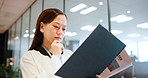 Asian woman, thinking and paper in office for business, urban development and project report. Architect, document or reading in Japanese agency for budget proposal, planning or engineer brainstorming