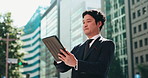 City, scroll and business man with tablet, connectivity and salaryman on morning commute. Urban, street and Japanese businessman with digital app for communication, networking and online schedule
