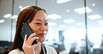 Japanese woman, business and phone call in office with communication, networking or connection. Female person, mobile tech and walking for company, project manager or corporate on app in conversation