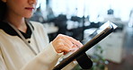 Woman, hands and tablet for networking in office, investment banker and online for advisory. Female person, financial feedback and chat to client for deal, scroll and message contact in workplace