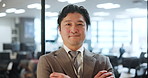 Japanese businessman, face and pride as investment banker, financial agency and professional. Male person, confidence and portrait for economy, markets and stock exchange with arms crossed in office