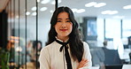 Japanese, business woman and face with arms crossed in investment, banking or finance agency. Female person, pride and smile in portrait for economy, trading or stock market as professional in office