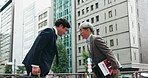 Bow, city and Asian business men in morning for greeting on commute, journey or travel to work. Professional, meeting and Japanese workers with traditional gesture for respect, hello or communication