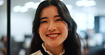 Japanese, business woman and face with happiness  in investment, banking and finance agency. Female person, pride and smile in portrait for economy, trading and stock market as professional in office