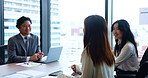 Japanese, business people and talking in corporate office for meeting, pitch or proposal for discussion. Group, colleagues and teamwork for collaboration, brainstorming and project for finance agency