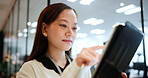 Asian woman, scroll and tablet for research in office, investment banker and online for advisory. Female person, financial feedback and chat to client for deal, web and message contact in workplace