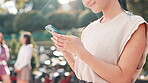 Business, hands and woman with phone for typing text message, online networking or email feedback outdoor. Professional, person and smartphone in Japan to search information, chat and communication
