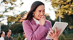 City, laughing or Asian woman on tablet for research, travel or real estate agent reading news. Funny, businesswoman or happy realtor in town for online listing, meme or urban development in Japan
