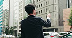 Business man, phone and photography in street, memory or inspiration on travel, search or location in city. Person, smartphone and mobile app on road, profile picture or back on social media in Japan