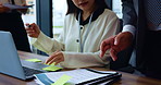 Japanese, business woman and multitasking for reading, documents and ideas in financial agency. Female person, tech and paperwork for time management, working and technology as colleagues in company