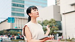 Tablet, Asian or woman thinking in city for walking, research or real estate agent by office buildings. Travel, businesswoman or realtor on app for online listing, ideas or urban development in Japan