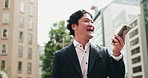 Business man, phone and singing in street, memory and inspiration on travel, earphones and voice in city. Person, smartphone and mobile app on road, karaoke and dancing with streaming app in Japan