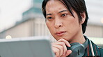 City, face and tablet with Japanese businessman outdoor for problem solving, research or thinking. Idea, planning and technology with serious Asian employee reading online information in urban town